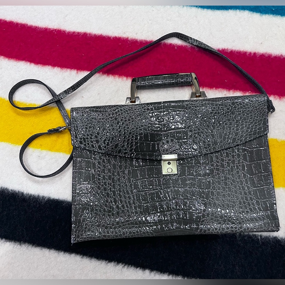 Vintage Remo Handbag – Korean Croc Leather, Greenish Grey with Gold Hardware